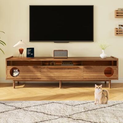 BTM Meuble TV Moderne avec Éclairage LED – Espace Repos Chat, Bras Support, Portes Verre Renforcé Acier & 1 Tiroir (sans Oreiller), Couleur Noyer, 180×40×50cm - Publicité BTM Meuble TV Moderne avec Éclairage LED – Espace Repos Chat, Bras Support, Portes Verre Renforcé Acier & 1 Tiroir (sans Oreiller), Couleur Noyer, 180×40×50cm - Publicité