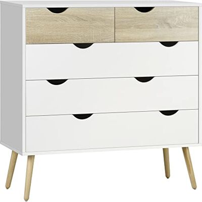 HOMCOM Commode 5 tiroirs Meuble de Rangement Chambre Design scandinave en Bois 99 x 39 x 101 cm Blanc Aspect chêne Clair - Publicité HOMCOM Commode 5 tiroirs Meuble de Rangement Chambre Design scandinave en Bois 99 x 39 x 101 cm Blanc Aspect chêne Clair - Publicité
