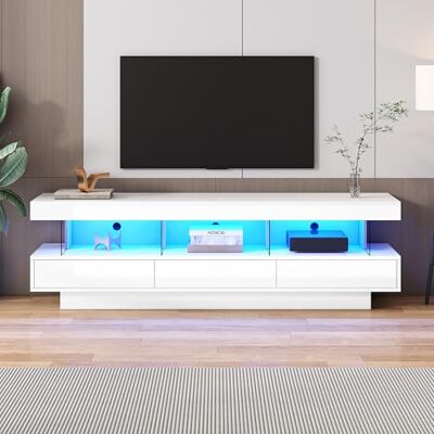 BTM Meuble TV Bois, Armoire TV Blanc avec LED, Banc TV avec 3 Compartiments Ouverts en Verre, pour Salon, Salle à Manger, Chambre, Capacité de Charge maximale de 40kg, 160x38x50.5cm - Publicité BTM Meuble TV Bois, Armoire TV Blanc avec LED, Banc TV avec 3 Compartiments Ouverts en Verre, pour Salon, Salle à Manger, Chambre, Capacité de Charge maximale de 40kg, 160x38x50.5cm - Publicité