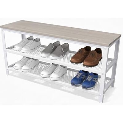 Relaxdays Banc à Chaussures 8 Paires, 2 Niveaux Grillagés, Assise Bois, 45x100x30 cm, Marron Clair/Blanc - Publicité Relaxdays Banc à Chaussures 8 Paires, 2 Niveaux Grillagés, Assise Bois, 45x100x30 cm, Marron Clair/Blanc - Publicité