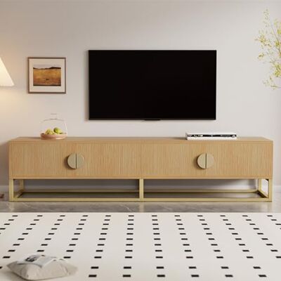 Merax Meuble TV bas 180 cm grain de bois avec 4 portes, poignées semi-circulaires, élégant meuble TV avec espace de rangement généreux, pieds en fer, 180 x 40 x 40 cm, couleur bois - Publicité Merax Meuble TV bas 180 cm grain de bois avec 4 portes, poignées semi-circulaires, élégant meuble TV avec espace de rangement généreux, pieds en fer, 180 x 40 x 40 cm, couleur bois - Publicité