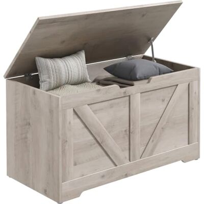 HOMCOM Coffre de Rangement Meuble d'Entrée Rustique 80x40x45cm Gris Banc de Rangement, Couvercle Rabattable, Charnières de Sécurité, pour Couloir, Chambre, Salon - Publicité HOMCOM Coffre de Rangement Meuble d'Entrée Rustique 80x40x45cm Gris Banc de Rangement, Couvercle Rabattable, Charnières de Sécurité, pour Couloir, Chambre, Salon - Publicité