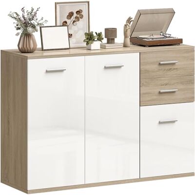 HOMCOM Buffet Salon à Haut Brillance, Meuble de Rangement avec 2 tiroirs, 3 Portes et étagère réglable, Style Contemporain, Buffet Salle à Manger et Cuisine, 106 x 35 x 76 cm, Blanc et Bois Naturel - Publicité HOMCOM Buffet Salon à Haut Brillance, Meuble de Rangement avec 2 tiroirs, 3 Portes et étagère réglable, Style Contemporain, Buffet Salle à Manger et Cuisine, 106 x 35 x 76 cm, Blanc et Bois Naturel - Publicité