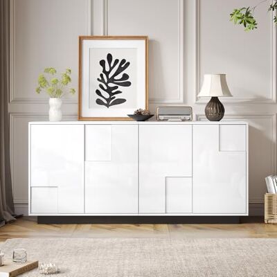 BTM Sideboard 160x37x75.5 cm 4 Portes, Design Géométrique Noir Blanc, Haute Brillance - Publicité BTM Sideboard 160x37x75.5 cm 4 Portes, Design Géométrique Noir Blanc, Haute Brillance - Publicité