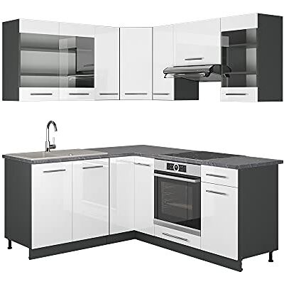 Vicco Cuisine en Angle Fame-Line, Blanc Brillant/Anthracite, 190x46cm sans PT, adapté à Une Extension individuelle avec des modules supplémentaires - Publicité Vicco Cuisine en Angle Fame-Line, Blanc Brillant/Anthracite, 190x46cm sans PT, adapté à Une Extension individuelle avec des modules supplémentaires - Publicité