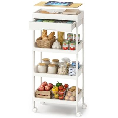 SONGMICS Chariot de Rangement, 4 Niveaux, Desserte sur roulettes, Étagère, avec Plateau Amovible et Tiroir, en Plastique, Montage Facile, Cuisine, Blanc et Doré Chêne BSC070W101 - Publicité SONGMICS Chariot de Rangement, 4 Niveaux, Desserte sur roulettes, Étagère, avec Plateau Amovible et Tiroir, en Plastique, Montage Facile, Cuisine, Blanc et Doré Chêne BSC070W101 - Publicité