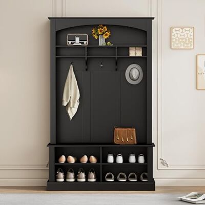 Merax Garde-robe de couloir avec banc et armoire à chaussures, espace de rangement ouvert et 3 crochets, porte-manteau autoportant pour entrée, 120 × 40 × 190 cm, noir - Publicité Merax Garde-robe de couloir avec banc et armoire à chaussures, espace de rangement ouvert et 3 crochets, porte-manteau autoportant pour entrée, 120 × 40 × 190 cm, noir - Publicité