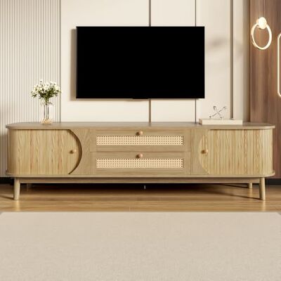 Merax Meuble TV Rotin et Bois Naturel – Buffet TV 170 cm en Bois Massif avec Portes + Tiroirs en Rattan Tressé – Style Campagne/Bohème, Meuble TV de Rangement, Naturel - Publicité Merax Meuble TV Rotin et Bois Naturel – Buffet TV 170 cm en Bois Massif avec Portes + Tiroirs en Rattan Tressé – Style Campagne/Bohème, Meuble TV de Rangement, Naturel - Publicité