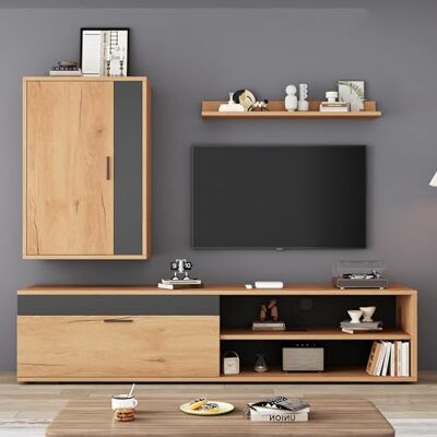 BTM 140cm Ensemble Mur TV (3 pièces), Mediawand INCL. TV-Board, étagère Debout et Murale, mobilier Salon, TV-Schrank Moderne, Debout et Suspendu, Bois + Noir - Publicité BTM 140cm Ensemble Mur TV (3 pièces), Mediawand INCL. TV-Board, étagère Debout et Murale, mobilier Salon, TV-Schrank Moderne, Debout et Suspendu, Bois + Noir - Publicité