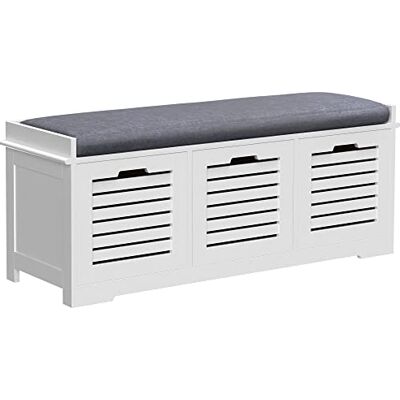 HOMCOM Banc à Chaussures Meuble à Chaussures avec 3 tiroirs et Coussin d'assise Amovible, Banc de Rangement pour Couloir, entrée, Chambre, dim. 108l x 35P x 43H cm, Blanc - Publicité HOMCOM Banc à Chaussures Meuble à Chaussures avec 3 tiroirs et Coussin d'assise Amovible, Banc de Rangement pour Couloir, entrée, Chambre, dim. 108l x 35P x 43H cm, Blanc - Publicité