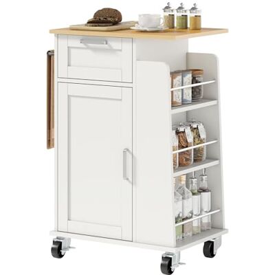 HOMCOM Chariot de Cuisine à roulettes, îlot de Cuisine avec Portes à Fermeture Douce, tiroir, Porte-Serviettes, 3 Porte-épices et étagères réglables, Chariot de Rangement Polyvalent en Bois, - Publicité HOMCOM Chariot de Cuisine à roulettes, îlot de Cuisine avec Portes à Fermeture Douce, tiroir, Porte-Serviettes, 3 Porte-épices et étagères réglables, Chariot de Rangement Polyvalent en Bois, - Publicité