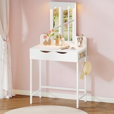 YITAHOME Coiffeuse avec éclairage, tiroirs en Tissu, tiroirs Miroir, luminosité réglable, Coiffeuse avec Portes, Table de Maquillage avec étagère à Bijoux, étagères réglables, Couleur Bois - Publicité YITAHOME Coiffeuse avec éclairage, tiroirs en Tissu, tiroirs Miroir, luminosité réglable, Coiffeuse avec Portes, Table de Maquillage avec étagère à Bijoux, étagères réglables, Couleur Bois - Publicité