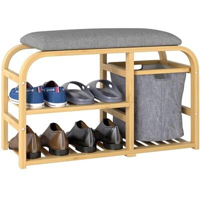 HOMCOM Banc à Chaussures en Bambou avec Coussin d'assise, Meuble à Chaussures doté de 2 étagères à Lattes et Panier Tissu Coulissant, Banc d'entrée pour Chambre ou Couloir, 70x30x45cm Bois Naturel - Publicité HOMCOM Banc à Chaussures en Bambou avec Coussin d'assise, Meuble à Chaussures doté de 2 étagères à Lattes et Panier Tissu Coulissant, Banc d'entrée pour Chambre ou Couloir, 70x30x45cm Bois Naturel - Publicité