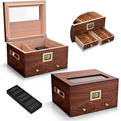 CLZOONG Cave à cigares Haut de Gamme en Bois de cèdre avec humidificateur et hygromètre, Double Compartiment de Rangement, boîte à cigares avec Couvercle en Verre pour Hommes, avec 2 tiroirs (Brown) - Publicité CLZOONG Cave à cigares Haut de Gamme en Bois de cèdre avec humidificateur et hygromètre, Double Compartiment de Rangement, boîte à cigares avec Couvercle en Verre pour Hommes, avec 2 tiroirs (Brown) - Publicité