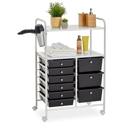 IDIMEX Caisson sur roulettes Marita Chariot avec 9 tiroirs en Plastique Noir et 2 étagères avec Anneau Porte sèche Cheveux, Meuble de Rangement pour Salle de Bain en métal laqué Blanc - Publicité IDIMEX Caisson sur roulettes Marita Chariot avec 9 tiroirs en Plastique Noir et 2 étagères avec Anneau Porte sèche Cheveux, Meuble de Rangement pour Salle de Bain en métal laqué Blanc - Publicité