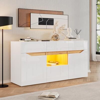 Merax Buffet blanc brillant Commode de rangement moderne avec éclairage LED Armoire de cuisine avec 2 portes, 4 tiroirs Armoire polyvalente pour salle à manger, salon, cuisine - Publicité Merax Buffet blanc brillant Commode de rangement moderne avec éclairage LED Armoire de cuisine avec 2 portes, 4 tiroirs Armoire polyvalente pour salle à manger, salon, cuisine - Publicité