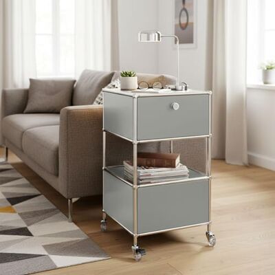 KARAT Table d’Appoint avec roulettes, Caisson de Rangement, Structure Métal Blanc & Chrome, H69 x L40 x P40 cm – Étagère pour Salon, Bureau ou Entrée – Concept Epure MK-145 (Gris) - Publicité KARAT Table d’Appoint avec roulettes, Caisson de Rangement, Structure Métal Blanc & Chrome, H69 x L40 x P40 cm – Étagère pour Salon, Bureau ou Entrée – Concept Epure MK-145 (Gris) - Publicité