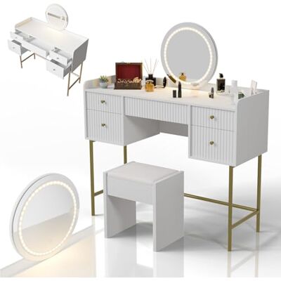 Juskys Coiffeuse Samira avec Miroir LED Tactile et Tabouret Melly, 5 tiroirs, Grand Espace de Rangement, Design Moderne, compacte & Facile d’Entretien – Blanc/Or - Publicité Juskys Coiffeuse Samira avec Miroir LED Tactile et Tabouret Melly, 5 tiroirs, Grand Espace de Rangement, Design Moderne, compacte & Facile d’Entretien – Blanc/Or - Publicité
