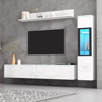 BTM Ensemble Wand TV 3-Pièces LED, Éclairage Brillant Blanc, Ensemble Möbel Salon, Wand TV Frontale, 1 x Meuble TV, 1 x Vitrine Salon, 1 x Étagère Suspendue - Publicité BTM Ensemble Wand TV 3-Pièces LED, Éclairage Brillant Blanc, Ensemble Möbel Salon, Wand TV Frontale, 1 x Meuble TV, 1 x Vitrine Salon, 1 x Étagère Suspendue - Publicité