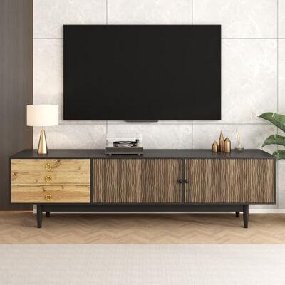 Merax Meuble TV 180 cm avec Portes à Motif Ondulé et 3 Tiroirs, Lowboard Bois et Noir pour Salon avec Rangement et Design Élégant - Publicité Merax Meuble TV 180 cm avec Portes à Motif Ondulé et 3 Tiroirs, Lowboard Bois et Noir pour Salon avec Rangement et Design Élégant - Publicité