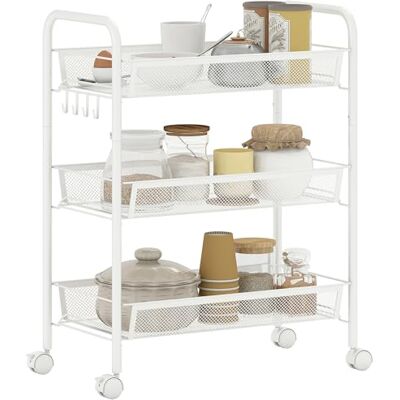 HOMCOM Chariot de Rangement à 3 Niveaux, desserte à roulettes avec paniers Amovibles et 4 Crochets, Cadre en Acier, Chariot de Cuisine, Salle de Bain, Salon, Espace étroit, 45 x 26,5 x 63 cm, Blanc - Publicité HOMCOM Chariot de Rangement à 3 Niveaux, desserte à roulettes avec paniers Amovibles et 4 Crochets, Cadre en Acier, Chariot de Cuisine, Salle de Bain, Salon, Espace étroit, 45 x 26,5 x 63 cm, Blanc - Publicité