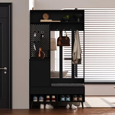 Merax Penderie de couloir avec banc, armoire à chaussures, 4 crochets, casier, 2 tiroirs, panneau perforé pratique, porte-manteau pour entrée, 100 × 35 × 180 cm, noir - Publicité Merax Penderie de couloir avec banc, armoire à chaussures, 4 crochets, casier, 2 tiroirs, panneau perforé pratique, porte-manteau pour entrée, 100 × 35 × 180 cm, noir - Publicité
