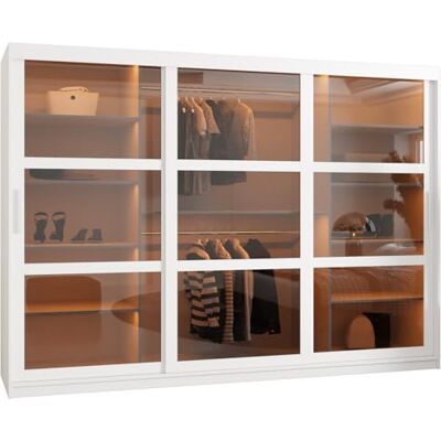 ABIKSMEBLE Dome Armoire à Trois Portes Coulissantes avec Miroir, Barres et Étagères Armoire de Rangement avec Verre Fumé pour Chambre, Salon 200x250x62 cm Blanc, Blanc, Argent - Publicité ABIKSMEBLE Dome Armoire à Trois Portes Coulissantes avec Miroir, Barres et Étagères Armoire de Rangement avec Verre Fumé pour Chambre, Salon 200x250x62 cm Blanc, Blanc, Argent - Publicité