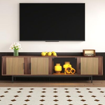 Merax Meuble TV 180 cm avec barre lumineuse LED, meuble TV moderne avec verre trempé, 200 x 35 x 53 cm, couleur bois - Publicité Merax Meuble TV 180 cm avec barre lumineuse LED, meuble TV moderne avec verre trempé, 200 x 35 x 53 cm, couleur bois - Publicité