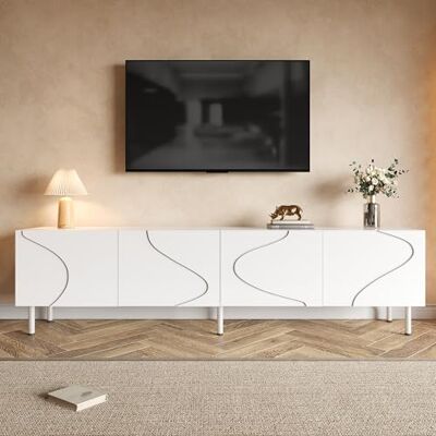 BTM Meuble TV Lowboard Moderne à Lignes Courbes 3D, 4 Portes à Ouverture Push-to-Open, Pieds cylindriques métalliques en MDF et PB, Grand Rangement pour Salon - Publicité BTM Meuble TV Lowboard Moderne à Lignes Courbes 3D, 4 Portes à Ouverture Push-to-Open, Pieds cylindriques métalliques en MDF et PB, Grand Rangement pour Salon - Publicité