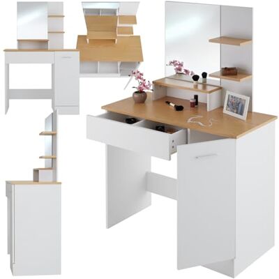 tectake ® Coiffeuse avec Miroir Table de Maquillage Vanity Desk Moderne avec 3 étagères 1 tiroir, 1 Compartiment à Porte Rangement Maquillage Meuble Coiffeuse Adulte Femme Blanc/Hêtre - Publicité tectake ® Coiffeuse avec Miroir Table de Maquillage Vanity Desk Moderne avec 3 étagères 1 tiroir, 1 Compartiment à Porte Rangement Maquillage Meuble Coiffeuse Adulte Femme Blanc/Hêtre - Publicité