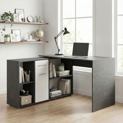 IDIMEX Bureau d'angle Carmen Table avec Meuble de Rangement intégré avec 4 étagères 1 Porte et 1 tiroir, décor béton foncé et Blanc Mat - Publicité IDIMEX Bureau d'angle Carmen Table avec Meuble de Rangement intégré avec 4 étagères 1 Porte et 1 tiroir, décor béton foncé et Blanc Mat - Publicité