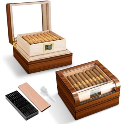 CLZOONG Cave à cigares en Bois de cèdre avec humidificateur et hygromètre, étagère, boîte de Rangement pour cigares avec Couvercle en Verre pour Hommes (Peut contenir jusqu'à 70 cigares) (Brown) - Publicité CLZOONG Cave à cigares en Bois de cèdre avec humidificateur et hygromètre, étagère, boîte de Rangement pour cigares avec Couvercle en Verre pour Hommes (Peut contenir jusqu'à 70 cigares) (Brown) - Publicité
