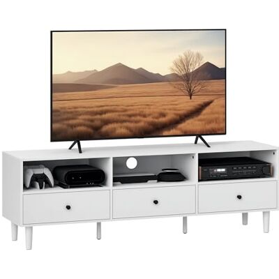 HOMCOM Meuble TV avec tiroirs, 3 compartiments ouverts, 140 cm de long, avec gestion des câbles, pour TV jusqu'à 75 ", blanc, 140 x 34 x 45 cm - Publicité HOMCOM Meuble TV avec tiroirs, 3 compartiments ouverts, 140 cm de long, avec gestion des câbles, pour TV jusqu'à 75 ", blanc, 140 x 34 x 45 cm - Publicité