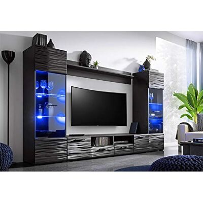 BIM Furniture MODIC Meuble Mural 260 cm Ensemble de Salon Vitrine Meuble Bas Noir Haut Brillance LED - Publicité BIM Furniture MODIC Meuble Mural 260 cm Ensemble de Salon Vitrine Meuble Bas Noir Haut Brillance LED - Publicité