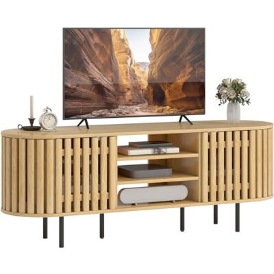 HOMCOM Meuble TV 140 cm pour téléviseur jusqu'à 60 Pouces, Meuble télé avec 2 Portes à Lattes, 3 Compartiments Ouverts et Pieds en Acier, Banc TV pour Salon et Chambre, Bois Naturel - Publicité HOMCOM Meuble TV 140 cm pour téléviseur jusqu'à 60 Pouces, Meuble télé avec 2 Portes à Lattes, 3 Compartiments Ouverts et Pieds en Acier, Banc TV pour Salon et Chambre, Bois Naturel - Publicité