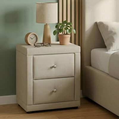 Homestyle4u Table de chevet en tissu beige sable pour chambre à coucher Table de chevet avec 2 tiroirs rembourrés Table d'appoint pour chambre à coucher Table de chevet stable et élégante - Publicité Homestyle4u Table de chevet en tissu beige sable pour chambre à coucher Table de chevet avec 2 tiroirs rembourrés Table d'appoint pour chambre à coucher Table de chevet stable et élégante - Publicité