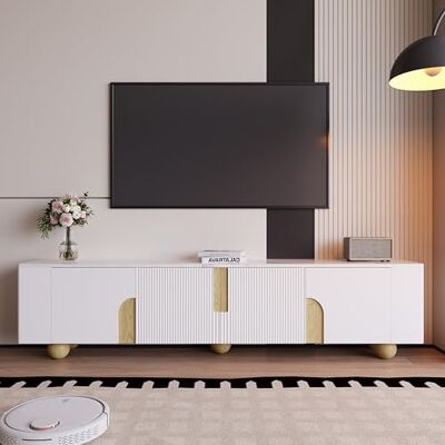 Merax Meuble TV blanc 180 x 40 x 44 cm, 4 portes, aspect marbre, élégant grain de bois, pieds sphériques, matériau MDF et PB, montage facile pour le salon, blanc et couleur bois - Publicité Merax Meuble TV blanc 180 x 40 x 44 cm, 4 portes, aspect marbre, élégant grain de bois, pieds sphériques, matériau MDF et PB, montage facile pour le salon, blanc et couleur bois - Publicité