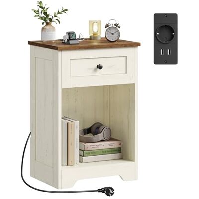 VASAGLE Table de Chevet en Bois avec Station de Charge, Table de Nuit avec Ports USB et 1 Tiroir, 40 x 30 x 59 cm, Blanc Nuage et Brun Chaud, Style Champêtre, Collection Siren LET628WJ01 - Publicité VASAGLE Table de Chevet en Bois avec Station de Charge, Table de Nuit avec Ports USB et 1 Tiroir, 40 x 30 x 59 cm, Blanc Nuage et Brun Chaud, Style Champêtre, Collection Siren LET628WJ01 - Publicité