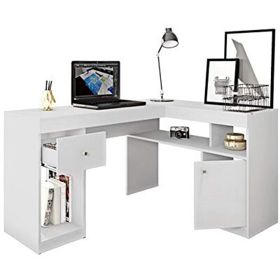 Caemmum Bureau d'angle Blanc avec Caisson et Rangements - Publicité Caemmum Bureau d'angle Blanc avec Caisson et Rangements - Publicité