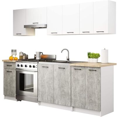 AKORD Meuble de Cuisine 2.4m Kitchen Cabinet Set Armoires au Sol & Suspendues Tiroirs & Meuble sous évier Blanc & Béton - Publicité AKORD Meuble de Cuisine 2.4m Kitchen Cabinet Set Armoires au Sol & Suspendues Tiroirs & Meuble sous évier Blanc & Béton - Publicité