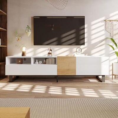 Merax Meuble TV moderne, 180 cm, aspect bois et blanc, console multimédia minimaliste avec espace de rangement, pieds en métal noir, 2 tiroirs et portes - Publicité Merax Meuble TV moderne, 180 cm, aspect bois et blanc, console multimédia minimaliste avec espace de rangement, pieds en métal noir, 2 tiroirs et portes - Publicité