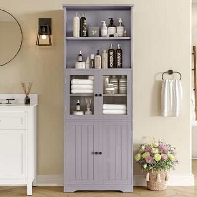 Merax Armoire haute de salle de bain, 57,4 x 28,4 x 162,5 cm, en MDF, avec porte en verre et porte en bois, entièrement laquée, deux compartiments de rangement ouverts, séparateurs réglables - Publicité Merax Armoire haute de salle de bain, 57,4 x 28,4 x 162,5 cm, en MDF, avec porte en verre et porte en bois, entièrement laquée, deux compartiments de rangement ouverts, séparateurs réglables - Publicité