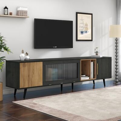 Merax Meuble TV bas 200 cm Meuble TV moderne avec porte en verre ondulé Compartiment de rangement ouvert Meuble Hi-Fi simple pour salon, chambre à coucher, salon Couleur bois et gris - Publicité Merax Meuble TV bas 200 cm Meuble TV moderne avec porte en verre ondulé Compartiment de rangement ouvert Meuble Hi-Fi simple pour salon, chambre à coucher, salon Couleur bois et gris - Publicité