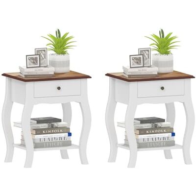 HOMCOM Pack de 2 Tables de Chevet Tables de Chevet avec tiroir, étagère Ouverte et Plateau en chêne pour Le Salon Style français 45x35x55 cm Blanc & Chêne - Publicité HOMCOM Pack de 2 Tables de Chevet Tables de Chevet avec tiroir, étagère Ouverte et Plateau en chêne pour Le Salon Style français 45x35x55 cm Blanc & Chêne - Publicité