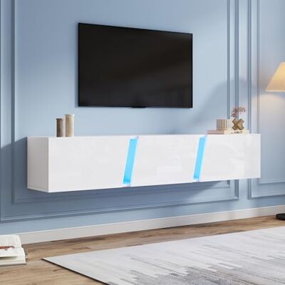 Merax Meuble TV, Lowboard Blanc brillant suspendu avec éclairage LED, Meuble TV avec porte pliante, Support TV pour téléviseurs jusqu'à 75 pouces, Étagères murales TV de 180 cm pour salon, chambre à - Publicité Merax Meuble TV, Lowboard Blanc brillant suspendu avec éclairage LED, Meuble TV avec porte pliante, Support TV pour téléviseurs jusqu'à 75 pouces, Étagères murales TV de 180 cm pour salon, chambre à - Publicité