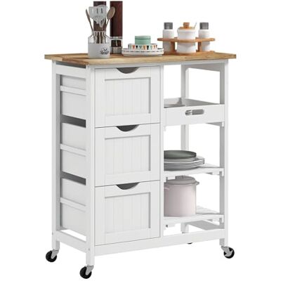 HOMCOM Desserte de cuisine à roulettes, chariot de service, plan de travail en bois d'hévéa, 3 tiroirs, plateau amovible, 2 étagères à lattes, chariot de cuisine et salle à manger, 67x37x85,5cm, blanc - Publicité HOMCOM Desserte de cuisine à roulettes, chariot de service, plan de travail en bois d'hévéa, 3 tiroirs, plateau amovible, 2 étagères à lattes, chariot de cuisine et salle à manger, 67x37x85,5cm, blanc - Publicité