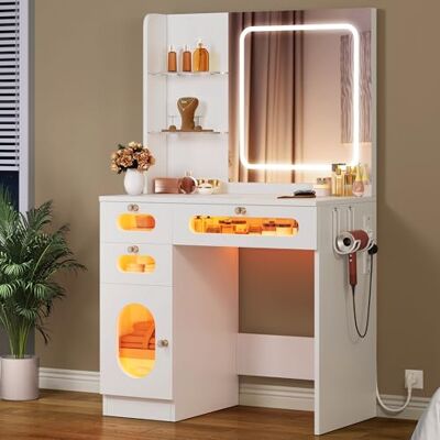 YITAHOME Coiffeuse avec Miroir à LED, 3 tiroirs, 2 étagères, luminosité réglable avec 3 Niveaux d'éclairage, Blanche - Publicité YITAHOME Coiffeuse avec Miroir à LED, 3 tiroirs, 2 étagères, luminosité réglable avec 3 Niveaux d'éclairage, Blanche - Publicité