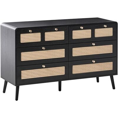 Beliani Commode à 6 Tiroirs Bohème en MDF et Rotin PE Pieds en Bois avec Poignées Dorés Noir Moura - Publicité Beliani Commode à 6 Tiroirs Bohème en MDF et Rotin PE Pieds en Bois avec Poignées Dorés Noir Moura - Publicité