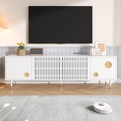 Merax Meuble TV bas pour salon En bois massif 170 x 36 x 54 cm Avec structure en grille et accents dorés 4 portes Pour salon et home cinéma Blanc - Publicité Merax Meuble TV bas pour salon En bois massif 170 x 36 x 54 cm Avec structure en grille et accents dorés 4 portes Pour salon et home cinéma Blanc - Publicité