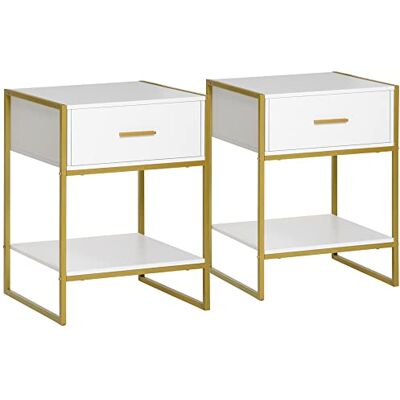 HOMCOM Set de 2 Tables de Nuit Modernes, 2 Tables de Nuit pour Chambre et Salon, avec tiroir et étagère Ouverte, Design Moderne, MDF et Acier, 45x40x60cm, Blanc et Or - Publicité HOMCOM Set de 2 Tables de Nuit Modernes, 2 Tables de Nuit pour Chambre et Salon, avec tiroir et étagère Ouverte, Design Moderne, MDF et Acier, 45x40x60cm, Blanc et Or - Publicité